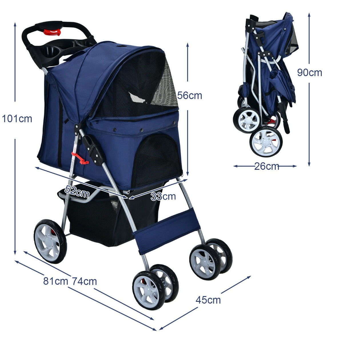 4-Wheel Folding Pet Stroller with Storage Basket and Adjustable Canopy-Navy