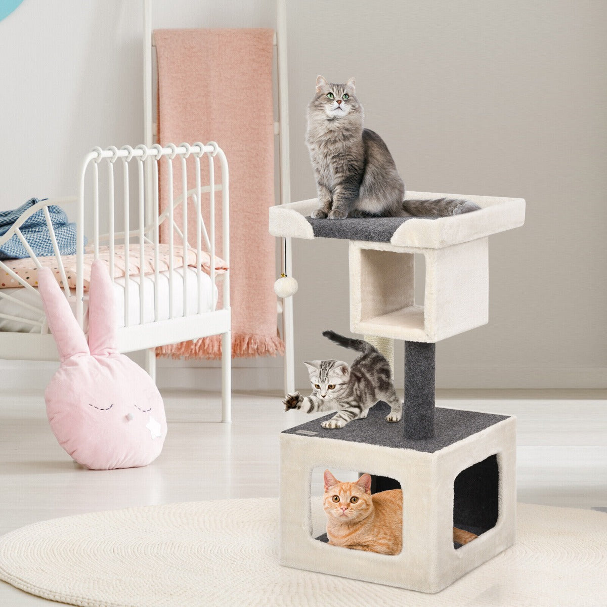 2 Condos Cat Climbing Tree with Scratching Post and Plush Ball-White