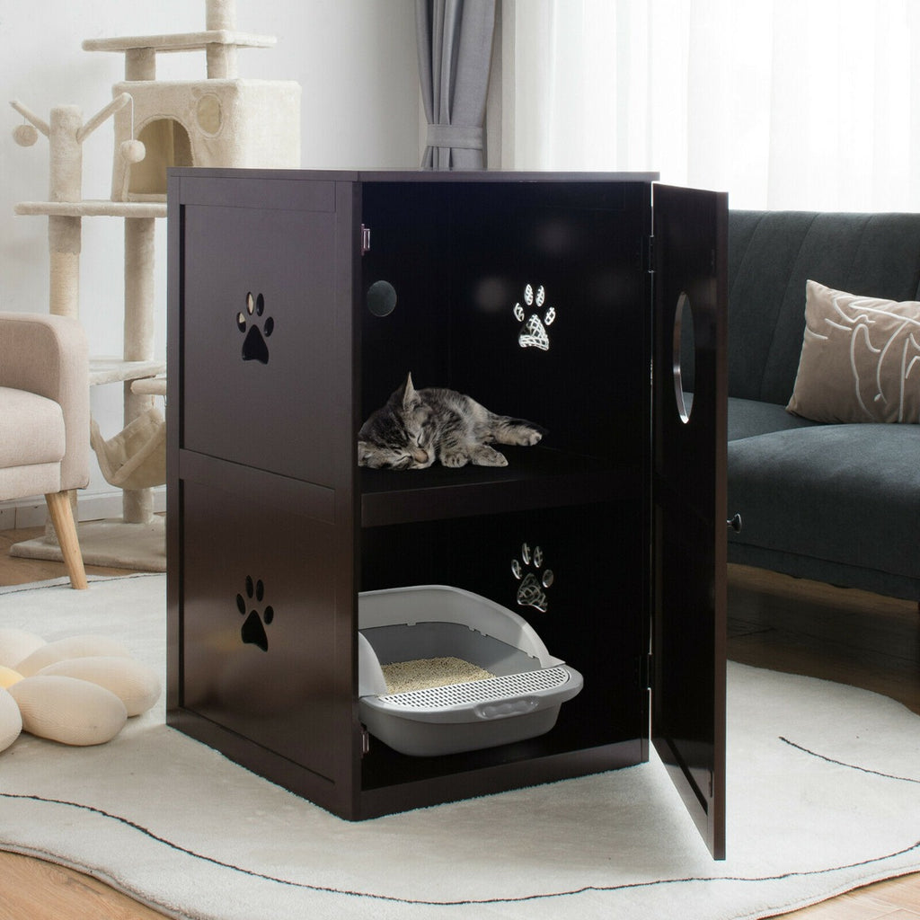 2-Tier Kitty Hidden Washroom Toilet with Entrance Hole and Door-Coffee