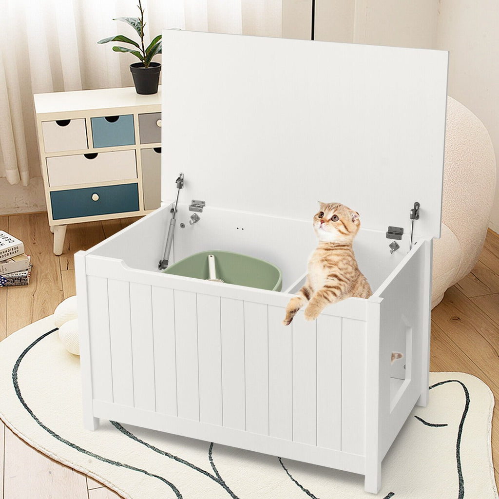 Large Wooden Cat Litter Box Top Opening Hidden Washroom Toilet-White