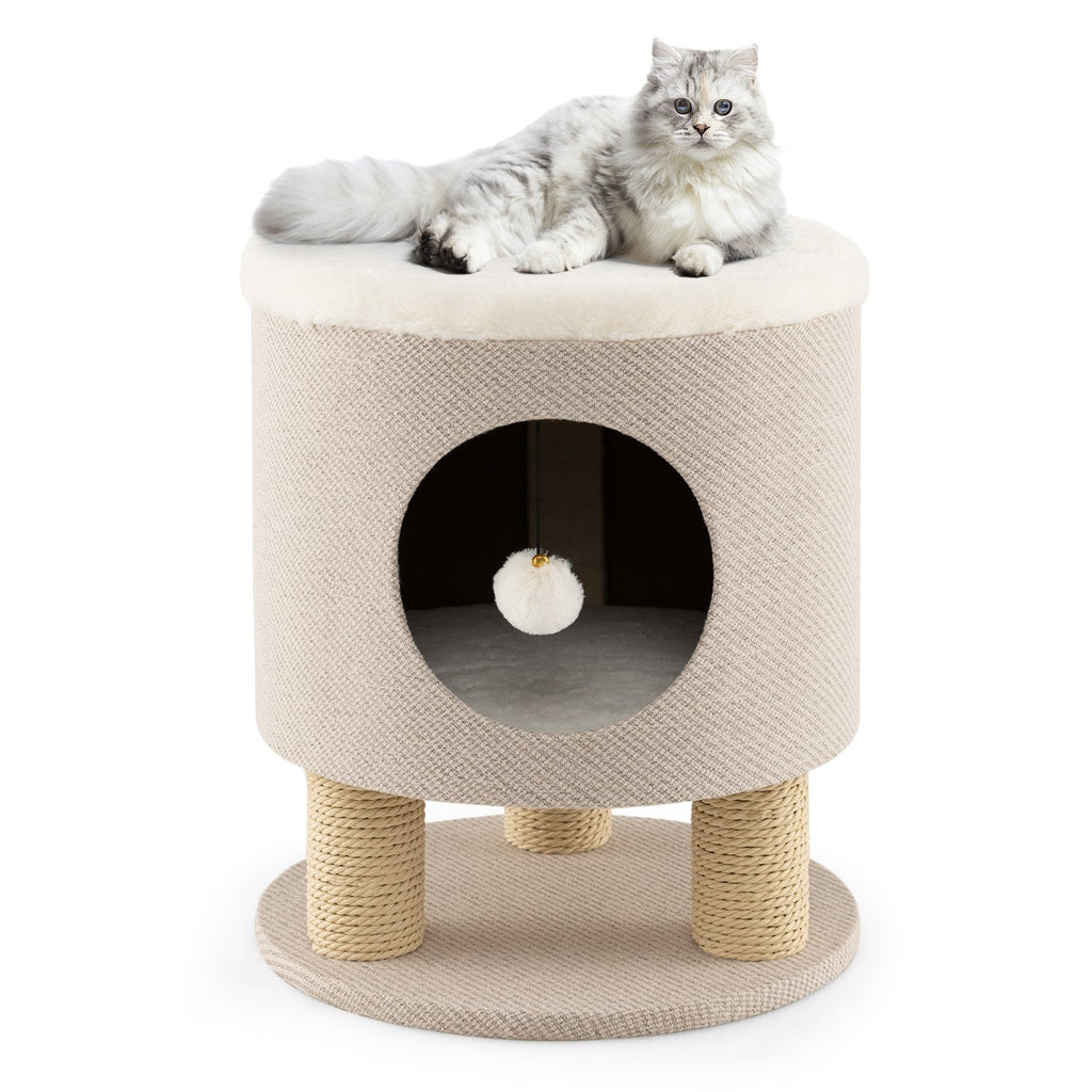 Cat Condo Stool for Indoor Cats with Scratching Posts and Plush Ball Toy-Beige