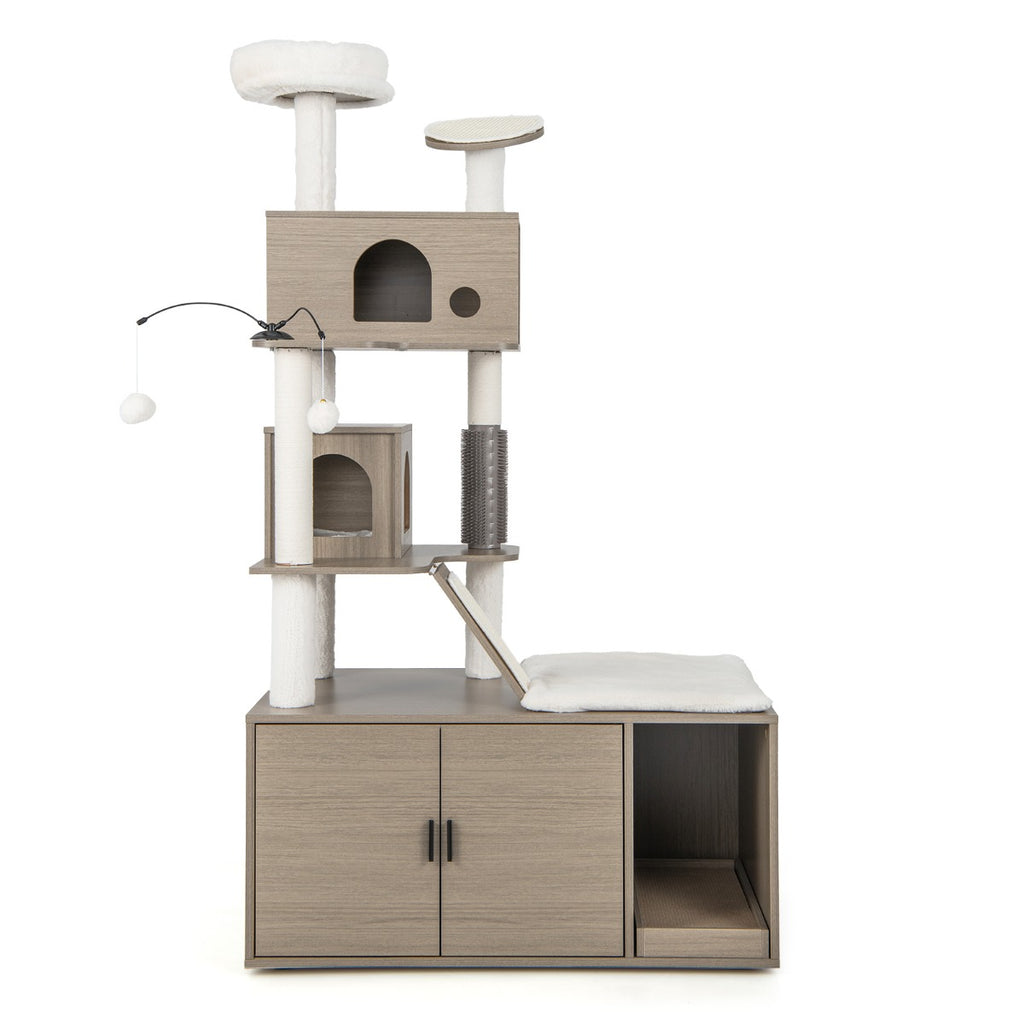 2-in-1 Modern Cat Tower with Double Condos and Top Perch-Grey