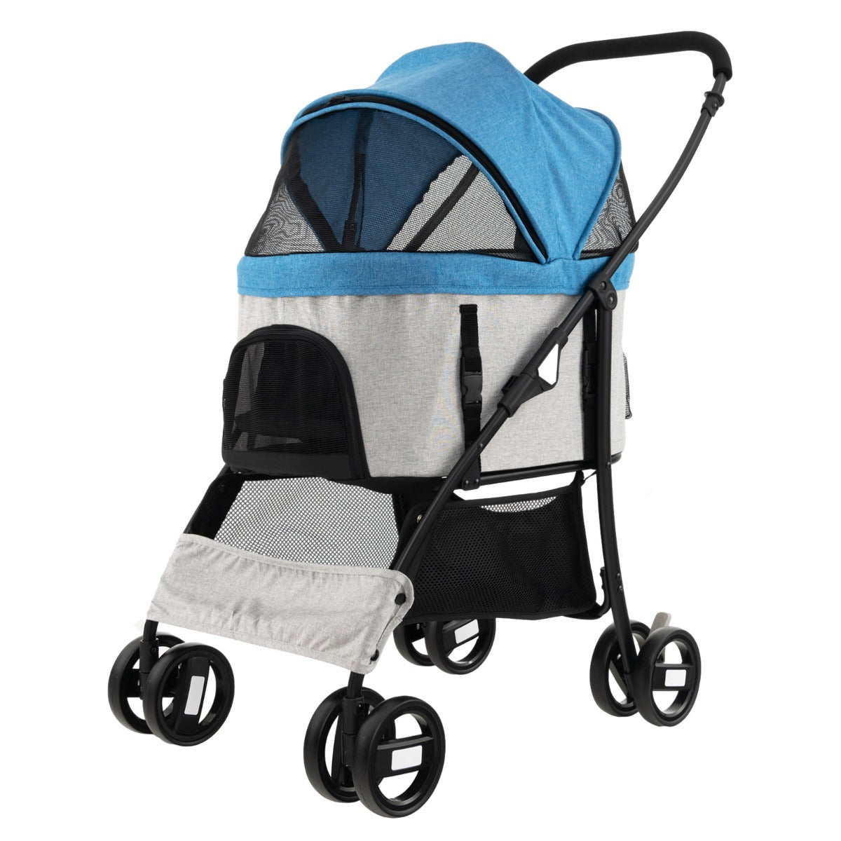 Foldable Pet Stroller with 4-Level Adjustable Canopy and Storage Basket-Blue