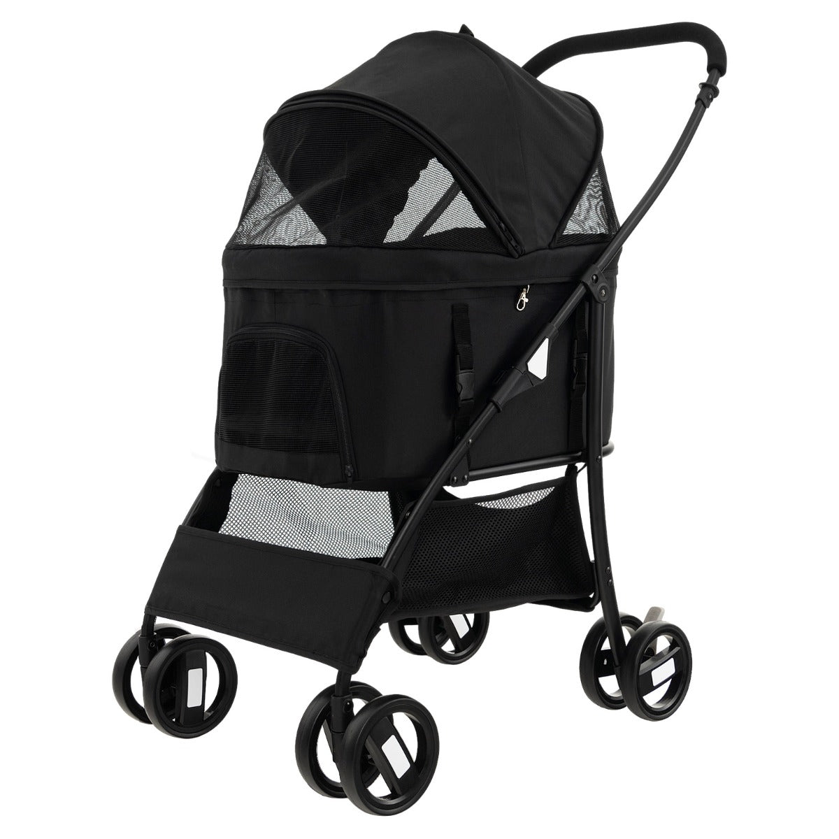 Foldable Pet Stroller with 4-Level Adjustable Canopy and Storage Basket-Black