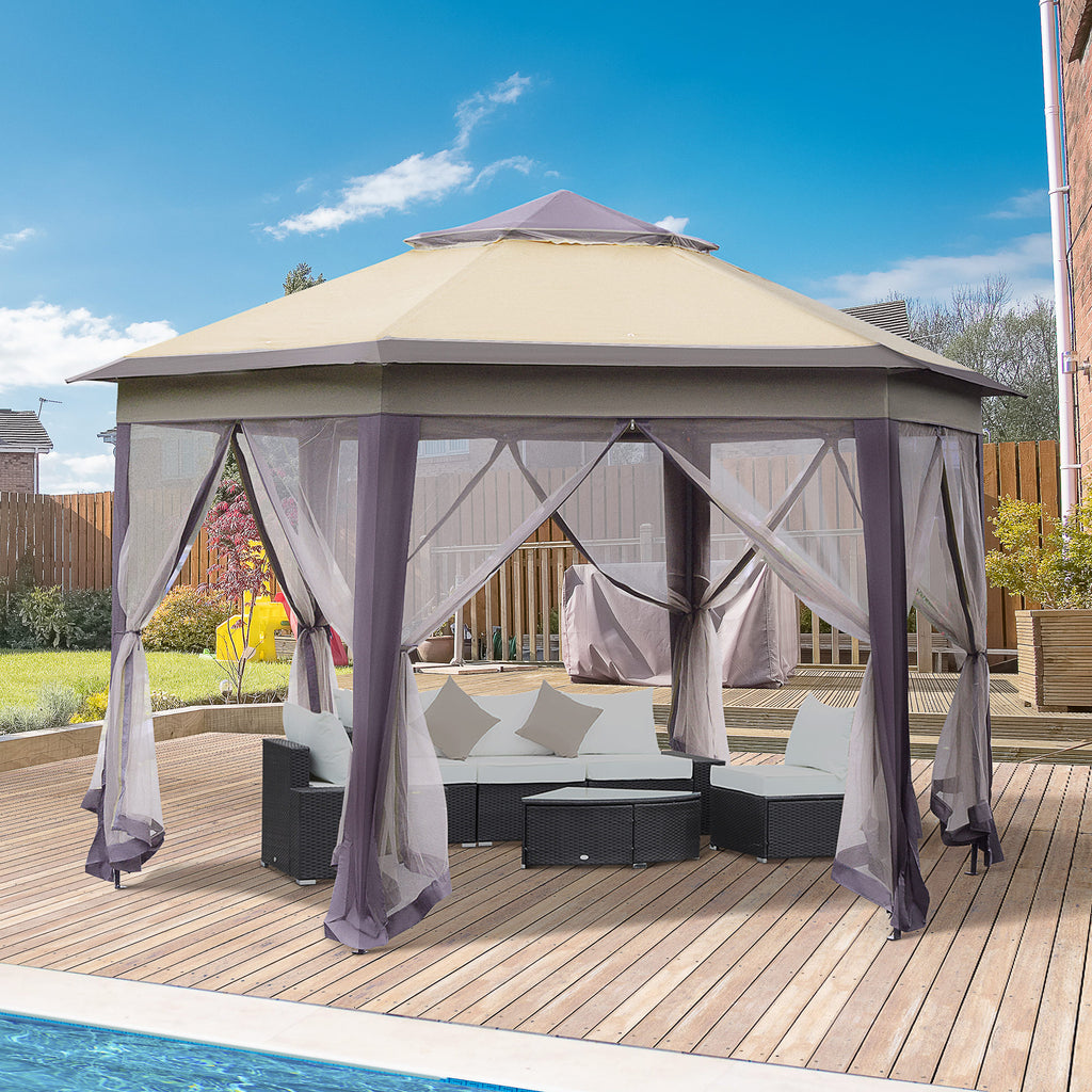 Outsunny Hexagon Patio Gazebo Pop Up Gazebo Outdoor Double Roof Instant Shelter with Netting, 4m x 4m, Beige - Inspirely