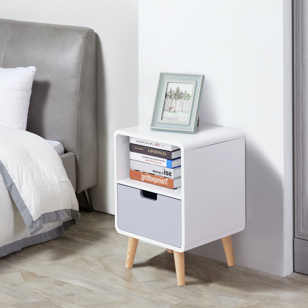 HOMCOM Scandinavian Style Bedside Table, 40Lx38Wx58H cm-White/Grey/Natural Wood Colour - Inspirely