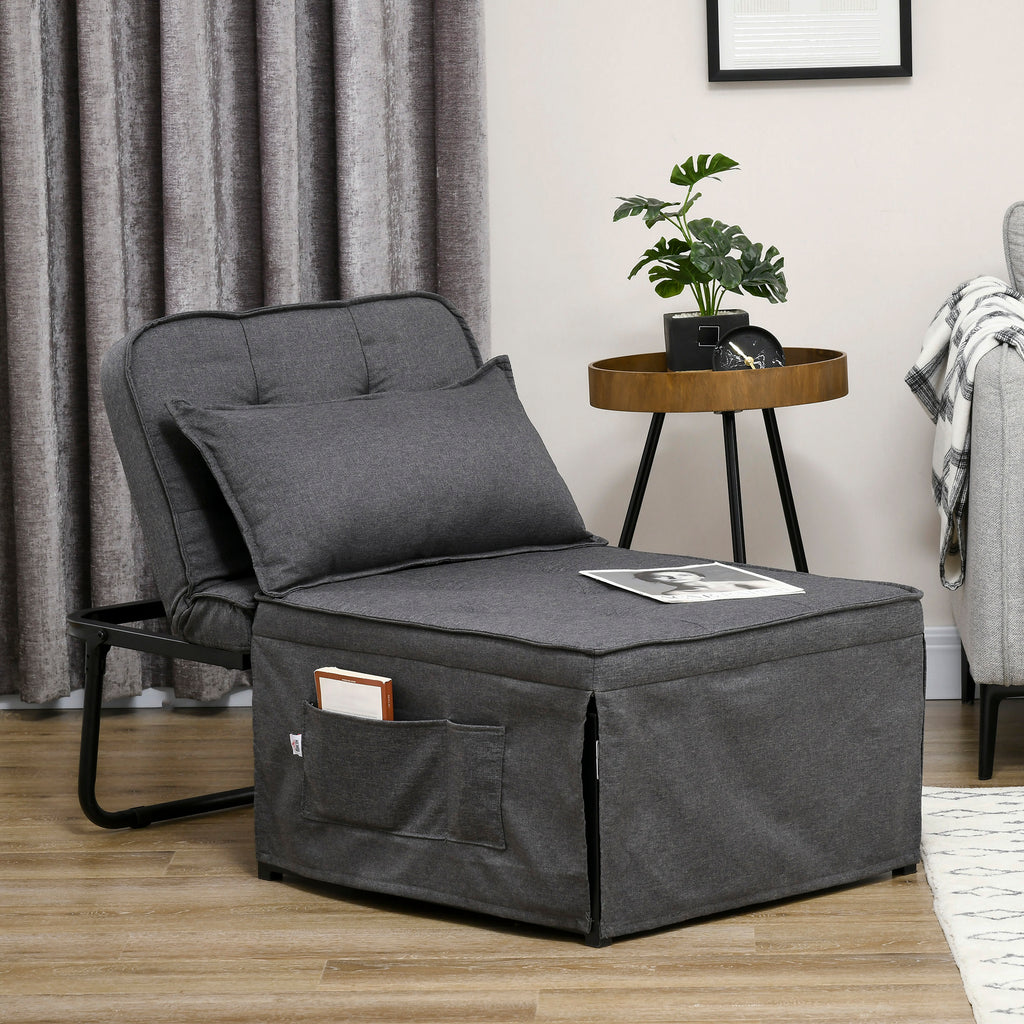 HOMCOM Fabric Sleeper Chair, Folding Chair Bed with Adjustable Backrest, Pillow, Side Pockets for Living Room, Charcoal Grey