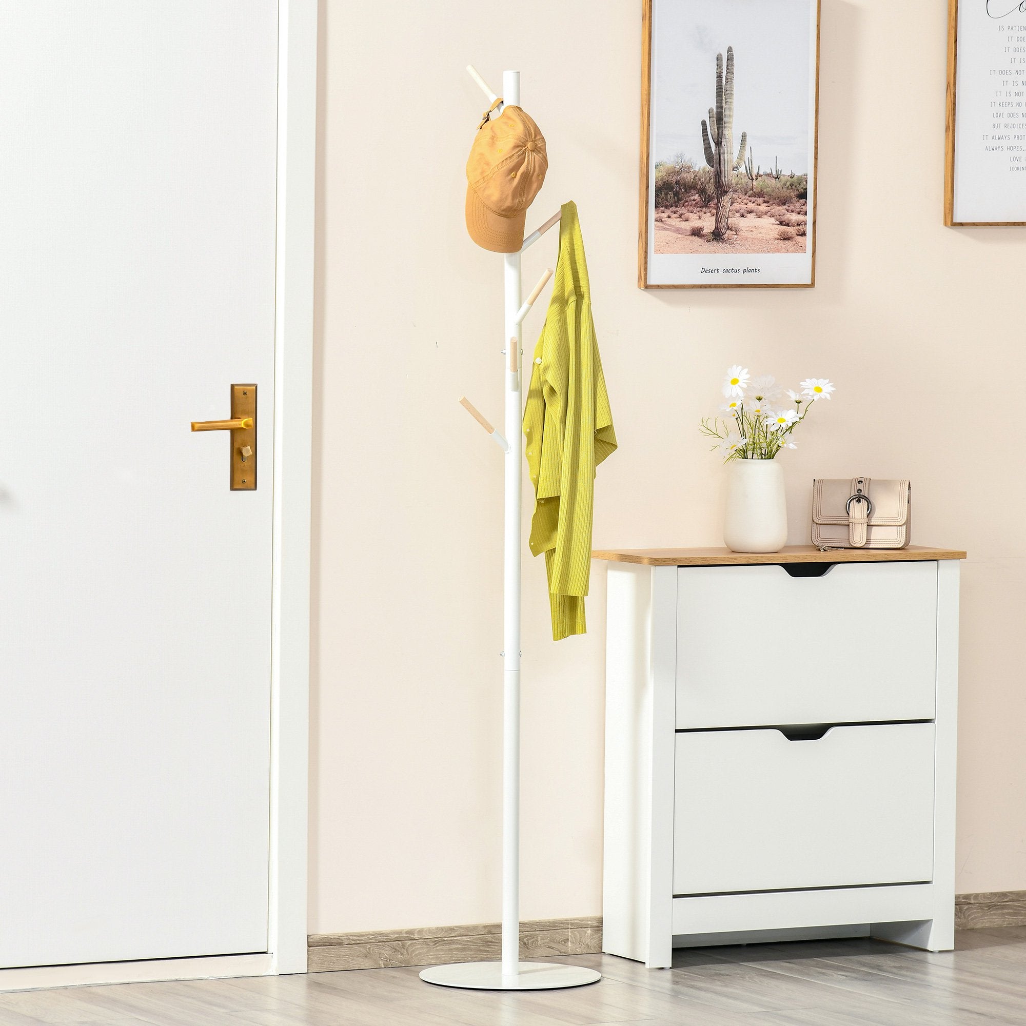 HOMCOM 174cm Free Standing Coat Rack Stand with 6 Hooks Clothes Tree Hat Display Hall Tree Hanger Hanging Organizer White - Inspirely