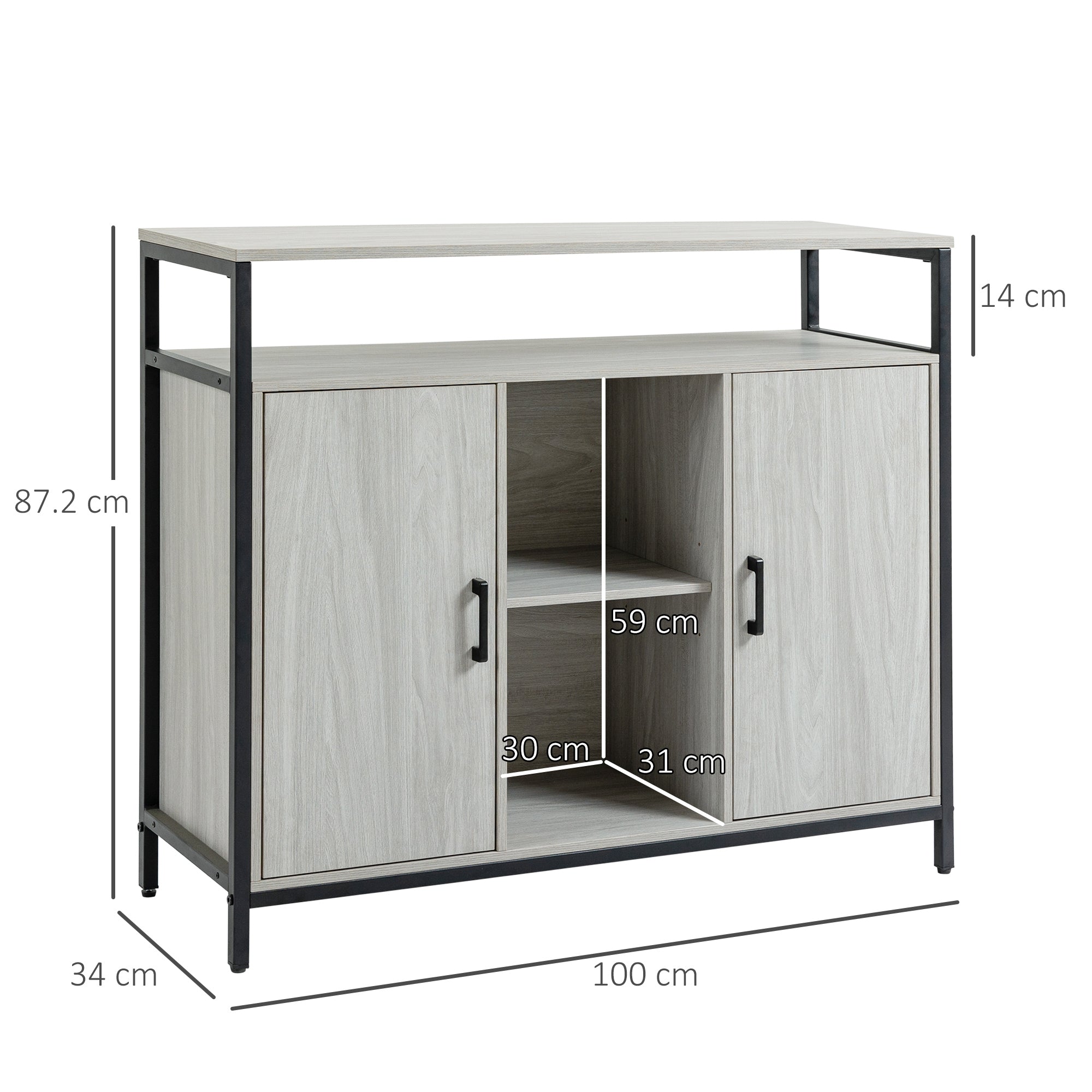 HOMCOM Modern Sideboard, Steel Frame Storage Cabinet with 2 Doors and Adjustable Shelves for Living Room, Hallway, Light Grey