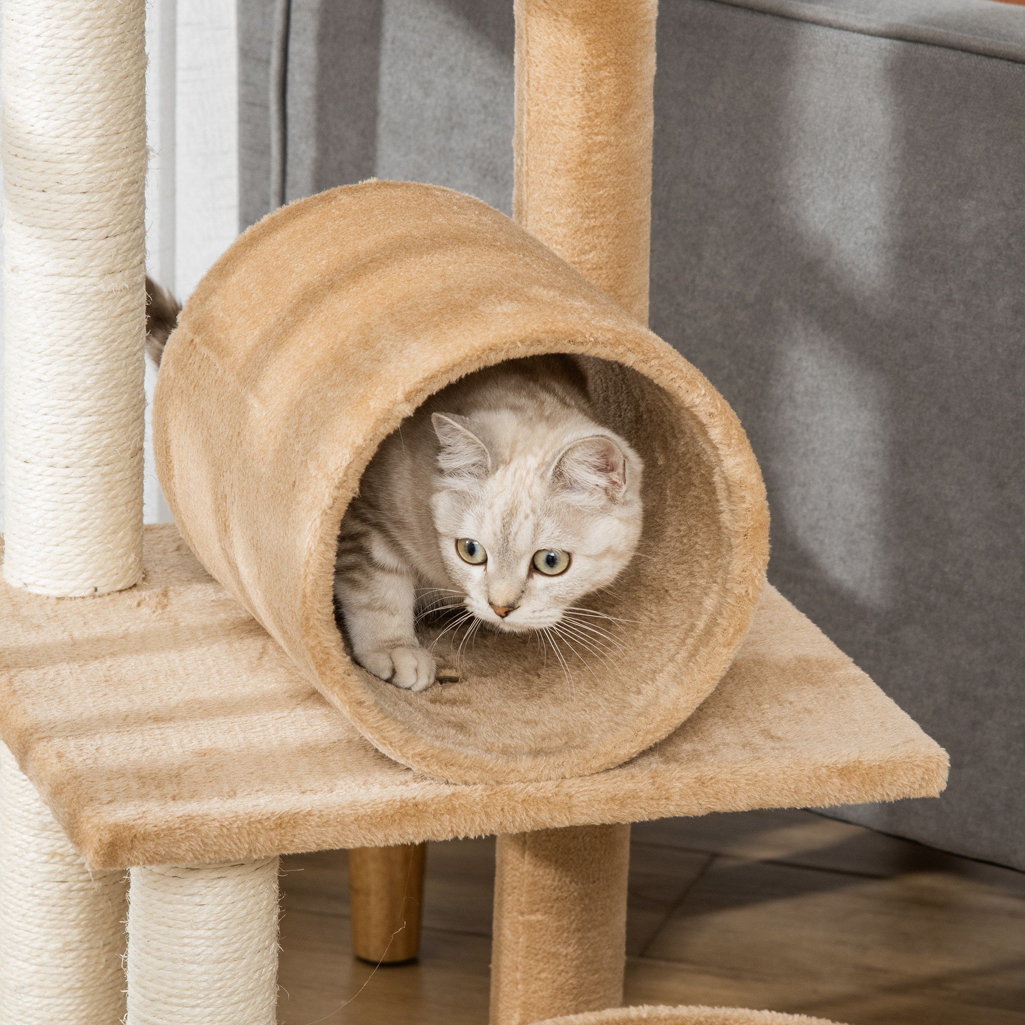 PawHut 121cm Cat Tree Tower Kitten Activity Center Scratching Post with Bed Tunnel Perch Interactive Ball Toy Brown - Inspirely
