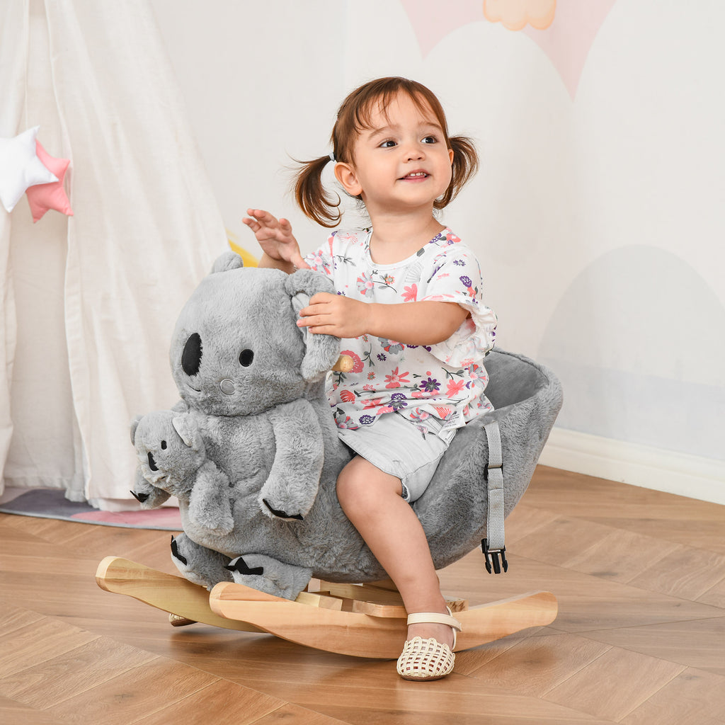 HOMCOM Kids Plush Ride-On Rocking Horse Koala-shaped Plush Toy Rocker with Gloved Doll Realistic Sounds for Child 18-36 Months Grey - Inspirely