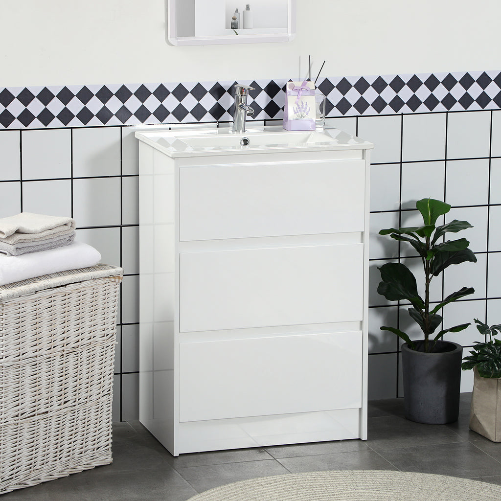 kleankin 600mm Bathroom Vanity Unit with Basin and Single Tap Hole, High Gloss White Floor Standing Bathroom Sink Unit with 2 Drawers