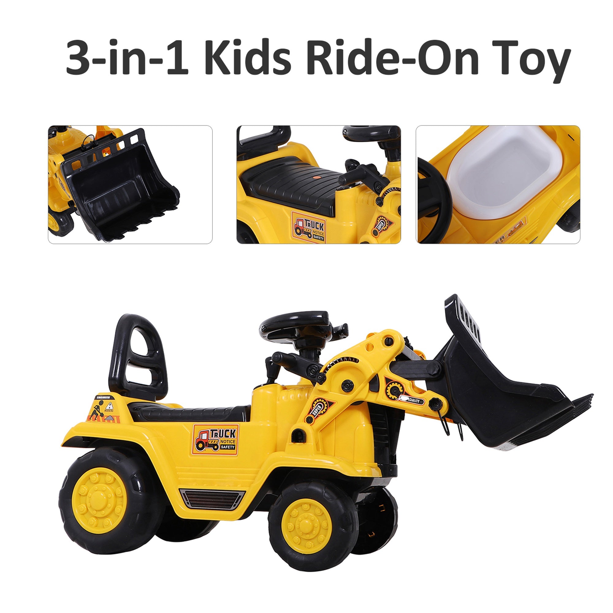 HOMCOM NO POWER 3 in 1 Ride On Toy Bulldozer Digger Tractor Pulling Cart Pretend Play Construction Truck - Inspirely