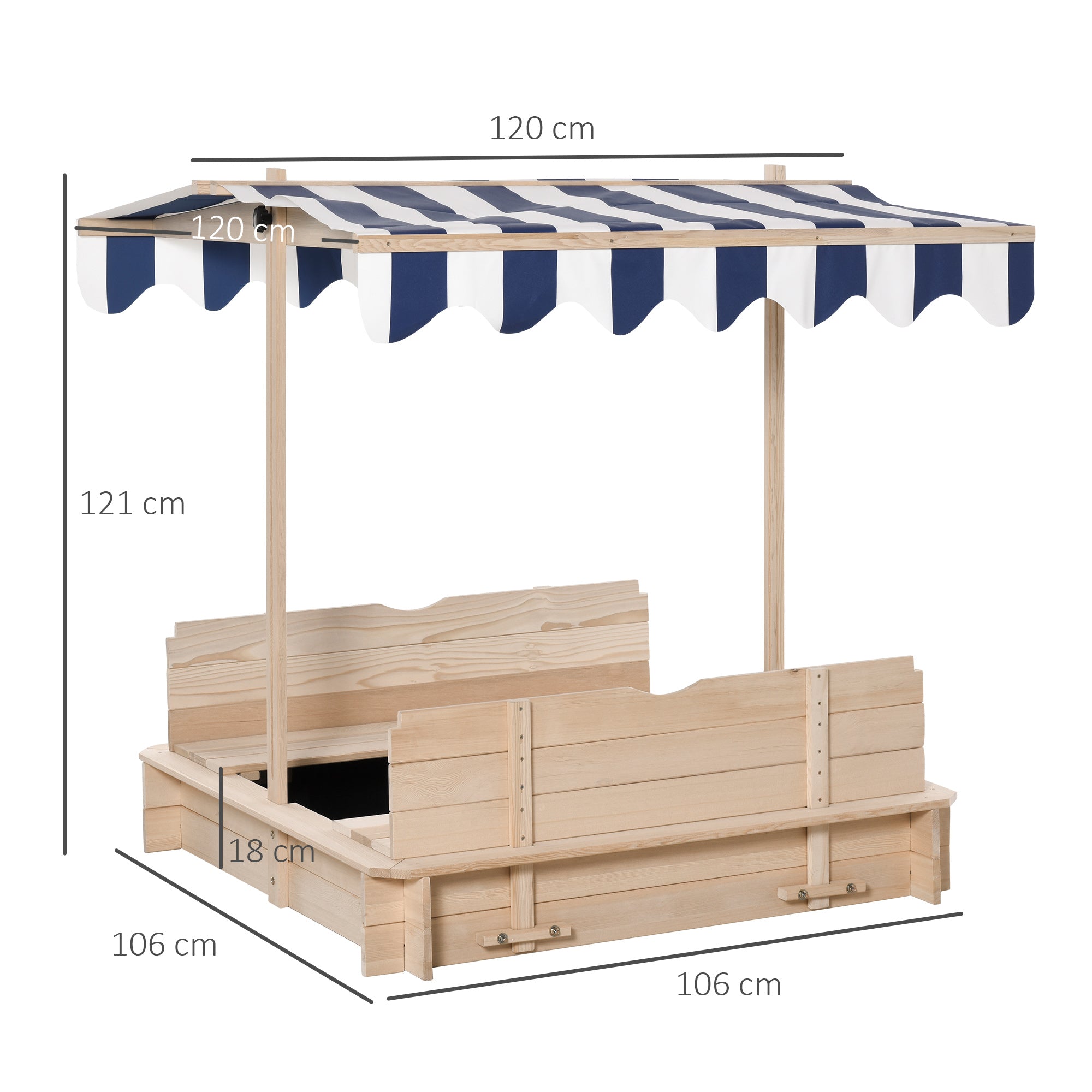 Outsunny Kids Square Wooden Sandpit Children Cabana Sandbox Outdoor Backyard Playset Play Station Adjustable Canopy, 106x106x121cm - Inspirely