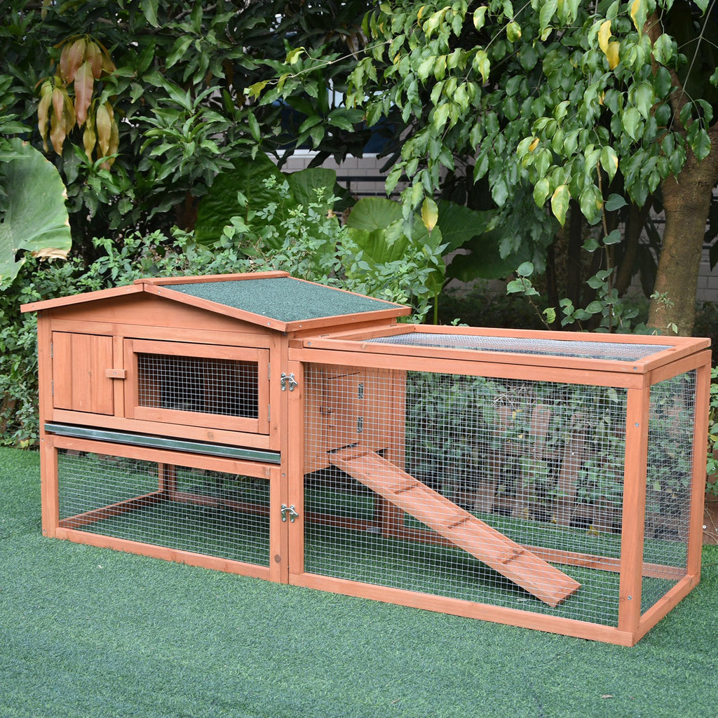 Pawhut 2 Floor Wooden Rabbit Hutch Bunny Cage House Chicken Coop Outdoor Garden Backyard 158 x 58 x 68 cm - Inspirely