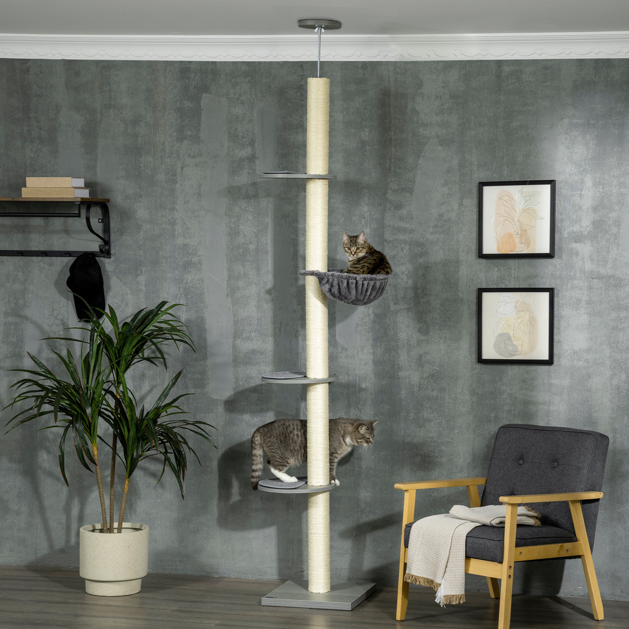 PawHut 250cm Floor to Ceiling Cat Tree with Hammock, Scratching Post