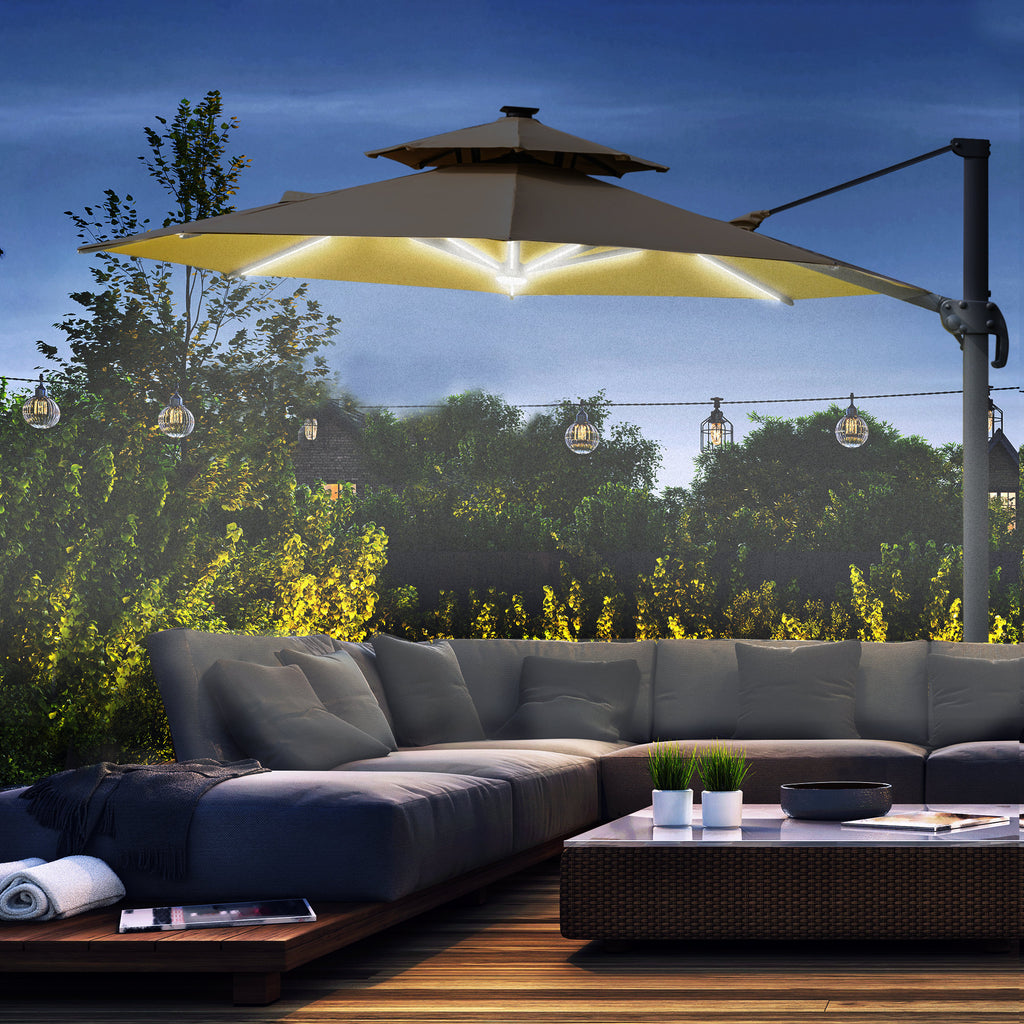 Outsunny 3m Cantilever Parasol w/ Solar Lights Power Bank Cross Base Adjustable Canopy 360° Spin Outdoor Garden Umbrella 2-Tier Roof Sun Shade Khaki - Inspirely