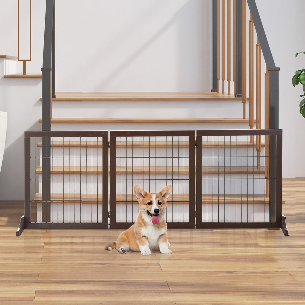 PawHut 3 Panel Pet Gate Pine Frame Indoor Foldable Dog Barrier w/Supporting Foot Dividing Line Aisles Stairs - Inspirely