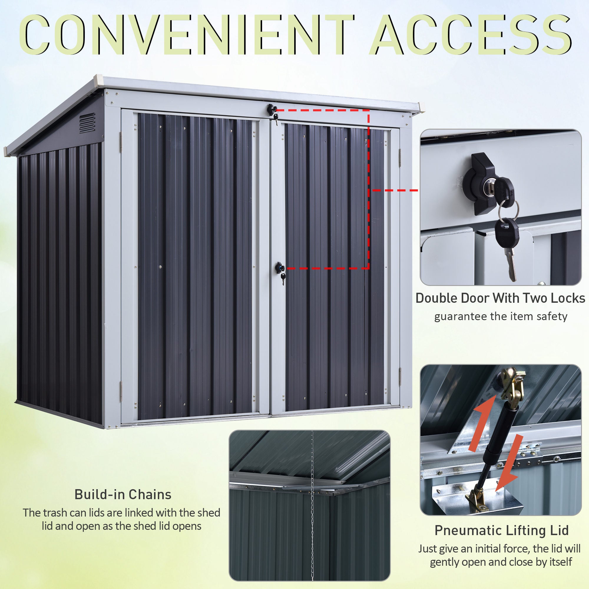 Outsunny 5ft x 3ft Garden 2-Bin Corrugated Steel Rubbish Storage Shed w/ Locking Doors Lid Outdoor Hygienic Dustbin Unit Garbage Trash Cover - Inspirely