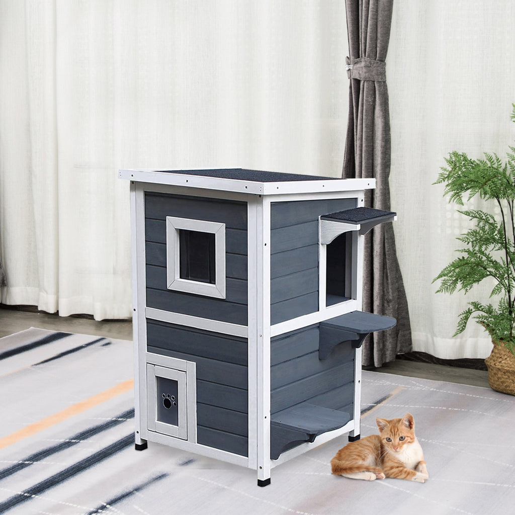 Outdoor Solid Wood 2-Floor Cat Condo Pet House Kitten Shelter, Gray - Inspirely