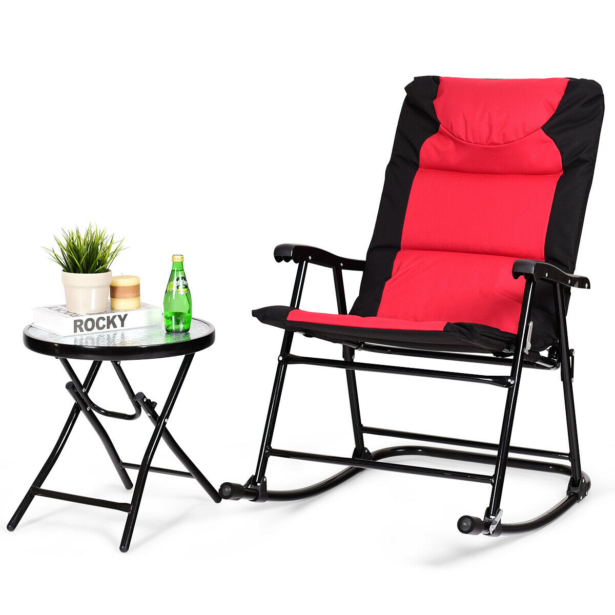 3 Pcs Folding Bistro Set Outdoor Rocking Chairs and Table Set-Red