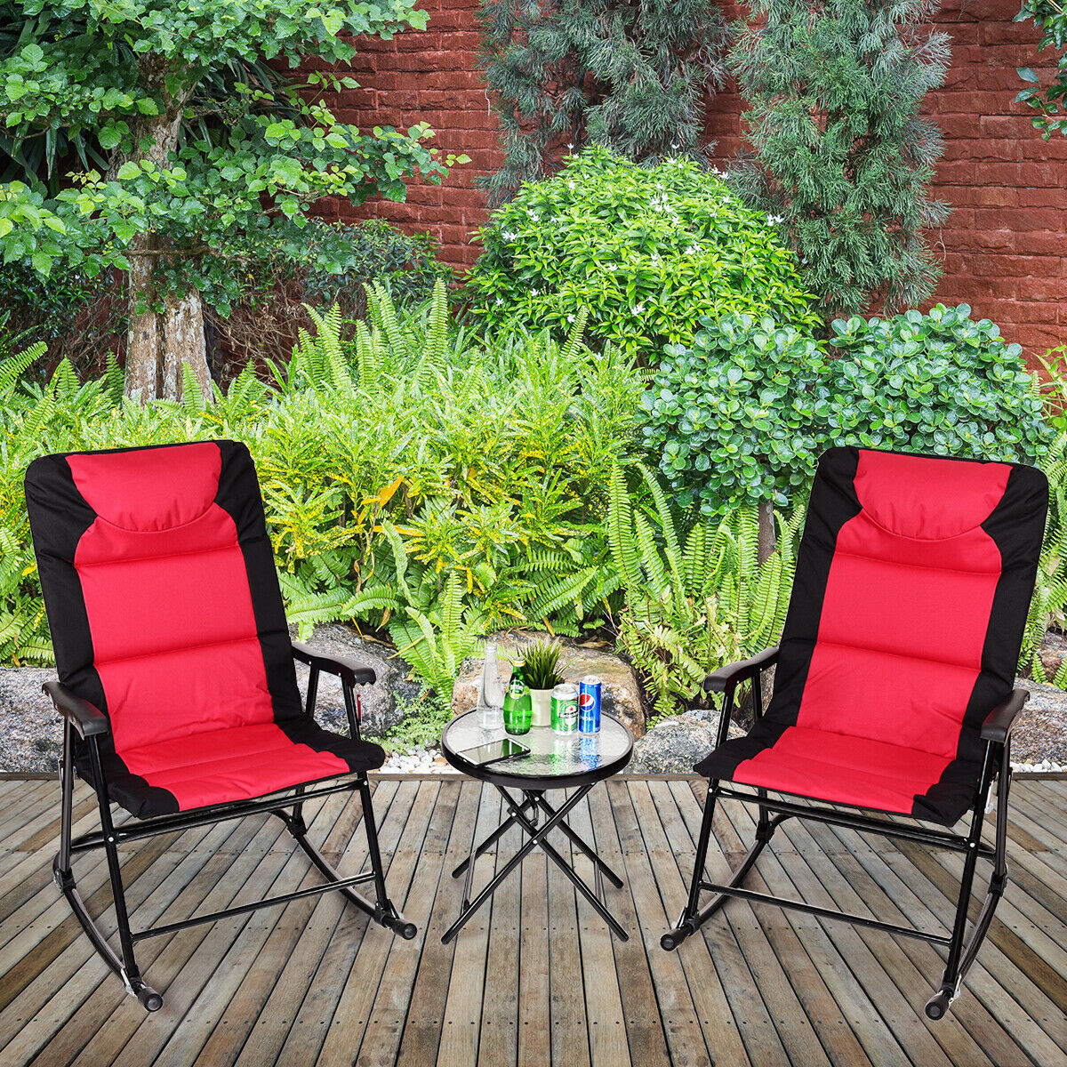 3 Pcs Folding Bistro Set Outdoor Rocking Chairs and Table Set-Red
