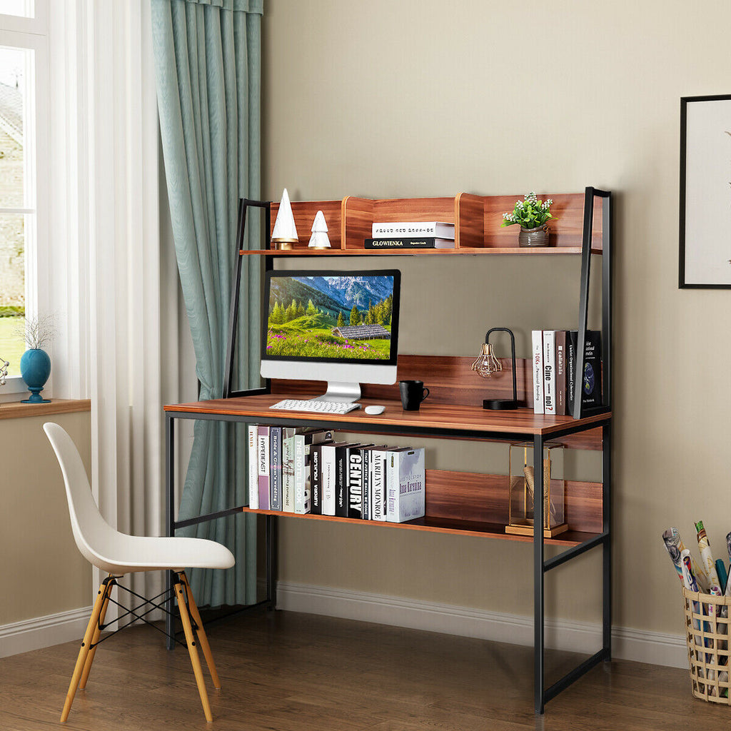 2 in 1 Computer Desk with Storage Bookshelf for Bedroom-Brown