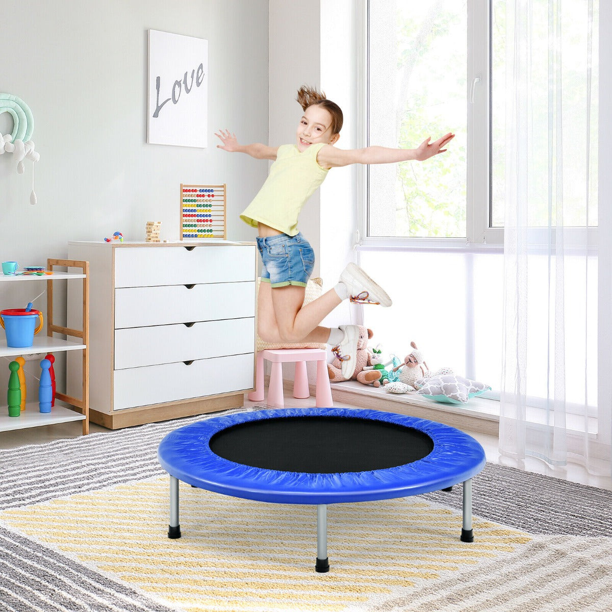 Foldable Mini Trampoline with Springs and Padded Cover Blue