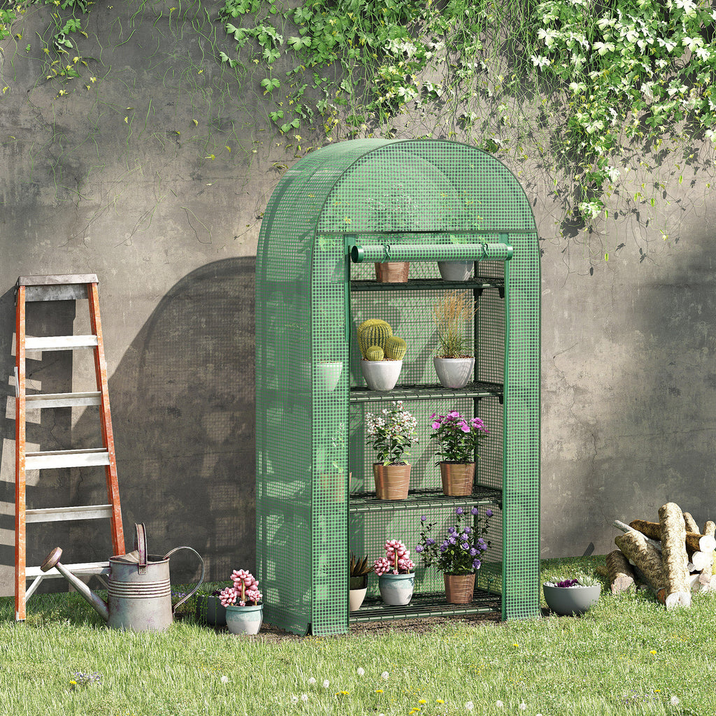 Outsunny 80x49x160cm Mini Greenhouse for Outdoor, Portable Gardening Plant with Storage Shelf, Roll-Up Zippered Door, Metal Frame and PE Cover, Green - Inspirely