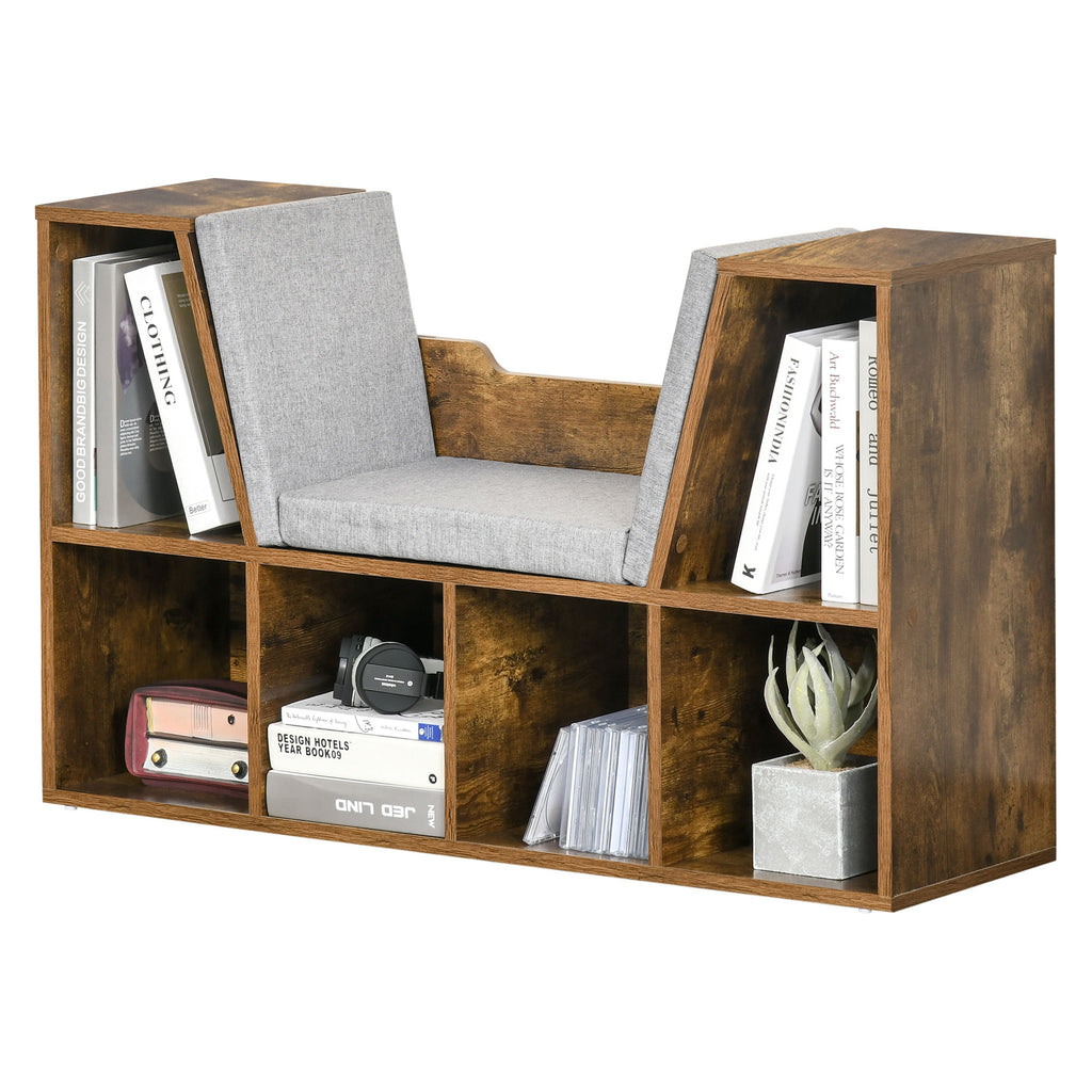 HOMCOM Bookcase Shelf Storage Seat with Cushion Sideboard Kids Children Reading Bedroom Living Room Organizer Rustic Brown - Inspirely