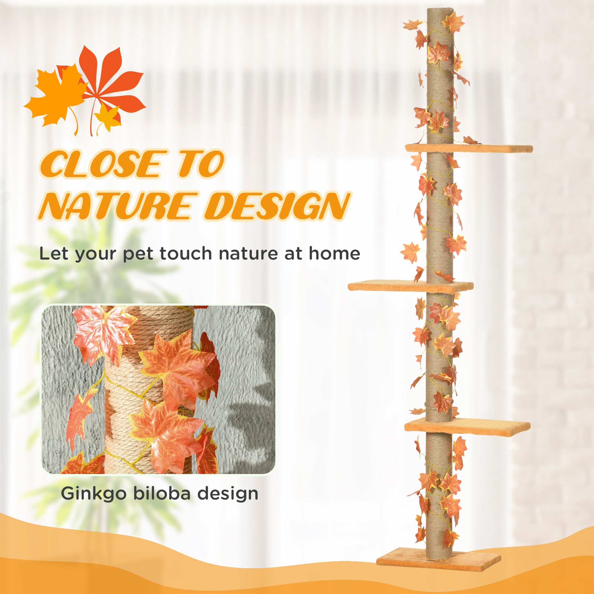 PawHut 202-242cm Height Adjustable Floor to Ceiling Cat Tree for Indoor Cats with Sisal Scratching Post, 3- Tier Cat Tower Climbing Activity Centre with Platforms, Leaves, Orange