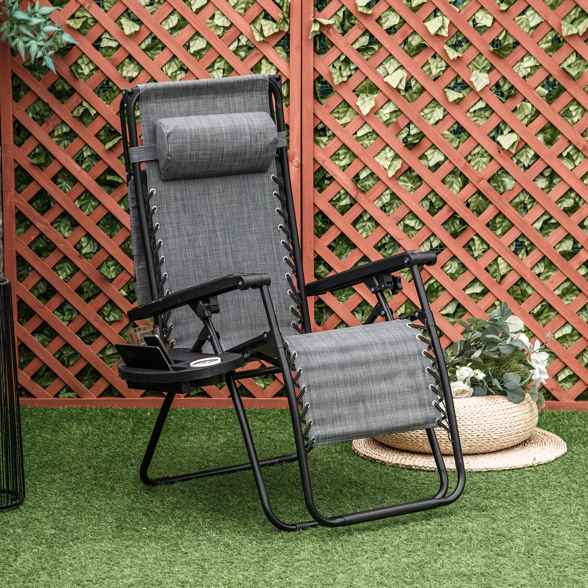 Outsunny Zero Gravity Garden Deck Folding Chair Patio Sun Lounger Reclining Seat with Cup Holder & Canopy Shade - Grey - Inspirely