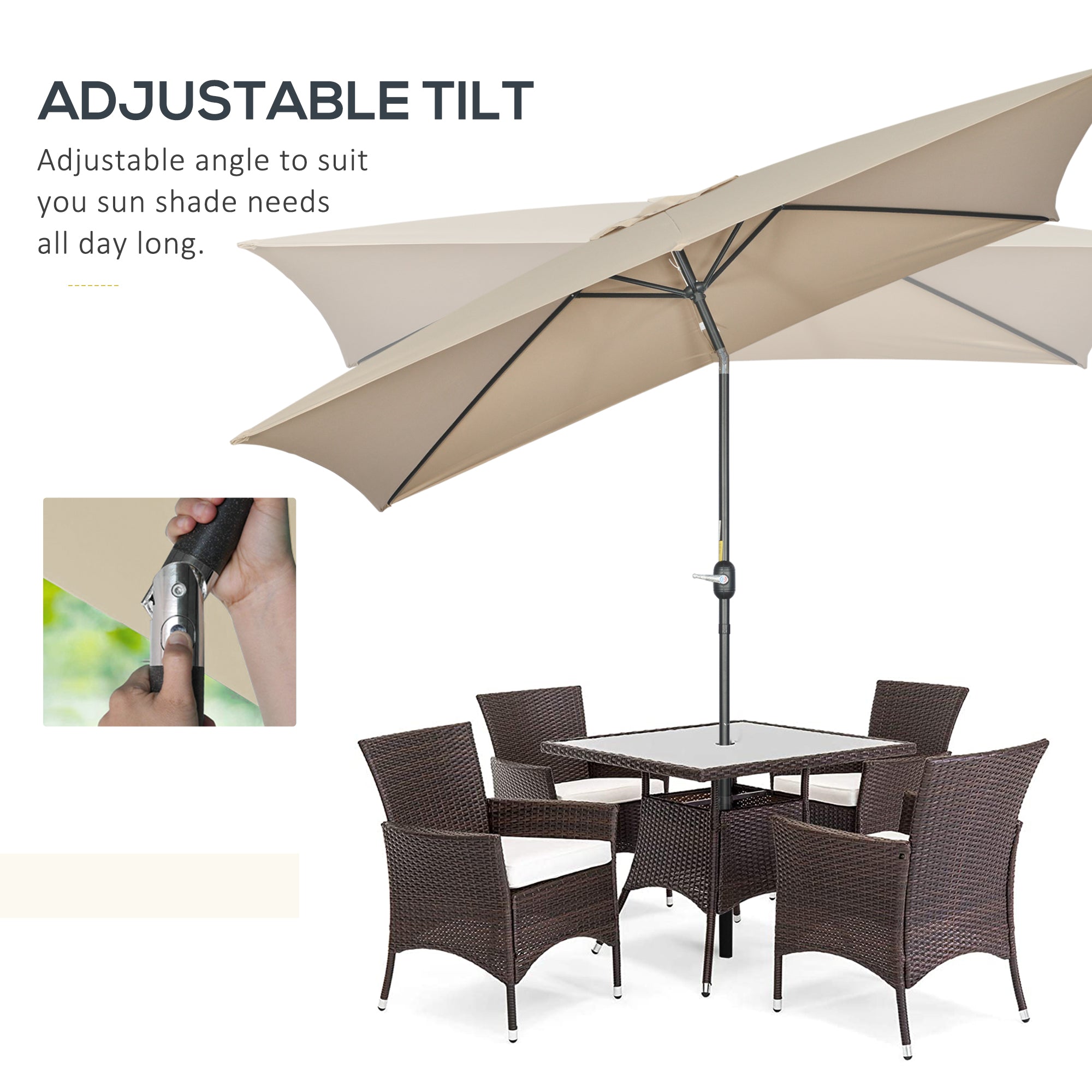 Outsunny 3x2m Patio Parasol Garden Umbrellas Canopy with Aluminum Tilt Crank Rectangular Sun Shade Steel, Khaki