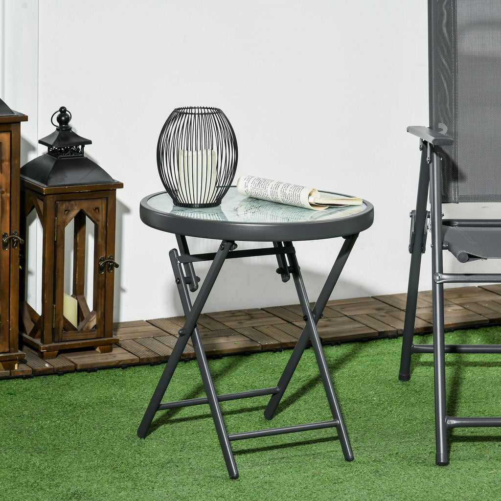 Outsunny 45cm Outdoor Side Table, Round Folding Patio Table with Imitation Marble Glass Top, Small Coffee Table, White