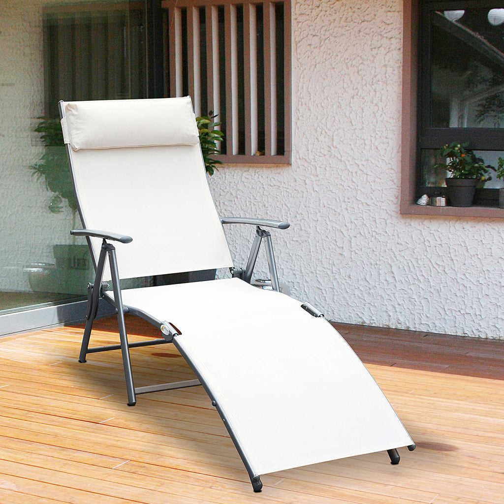 Outsunny Texteline Sun Lounger Recliner Chair Foldable Garden 7 Levels Cream White