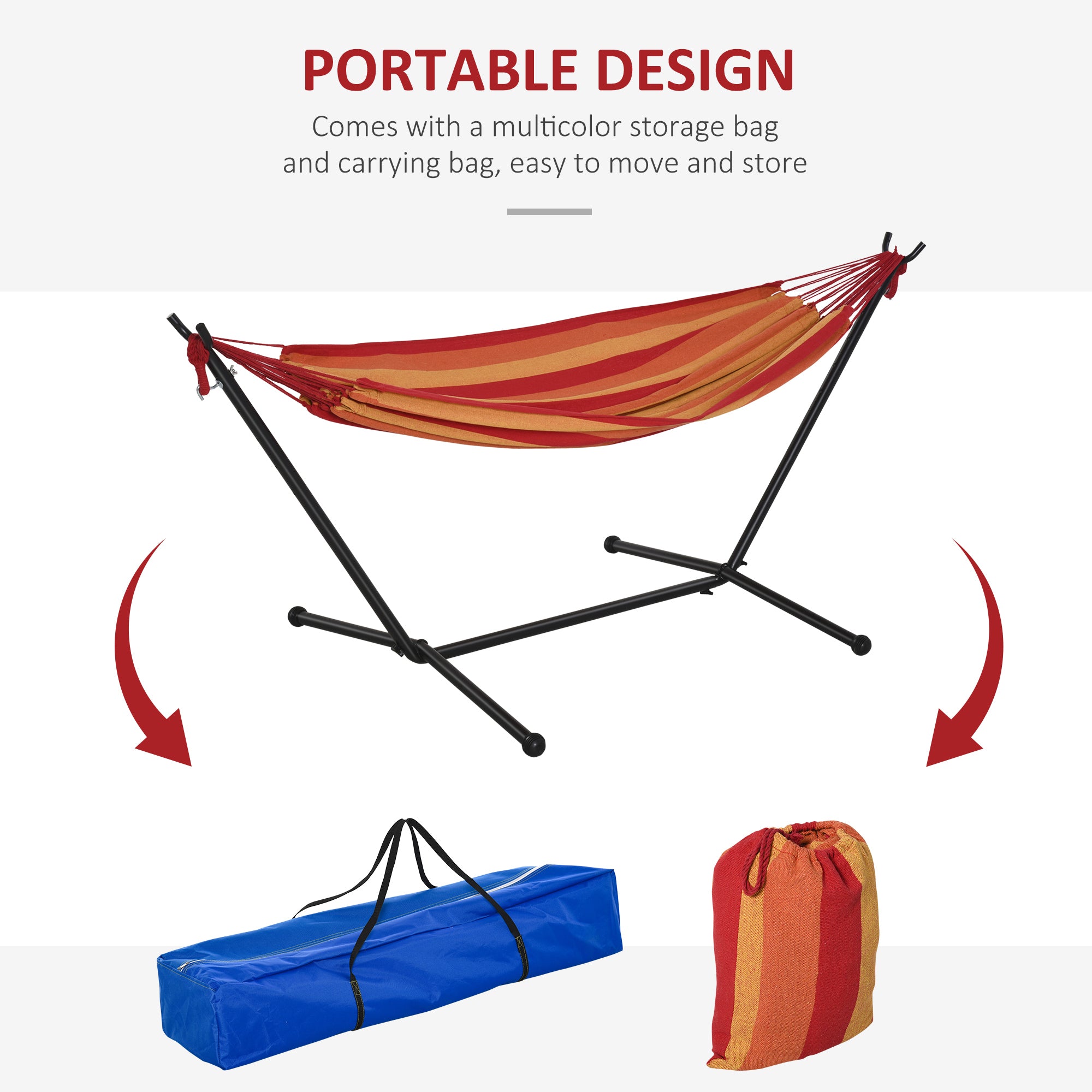 Outsunny 294 x 117cm Hammock with Stand Camping Hammock with Portable Carrying Bag, Adjustable Height, 120kg Load Capacity, Red Stripe - Inspirely