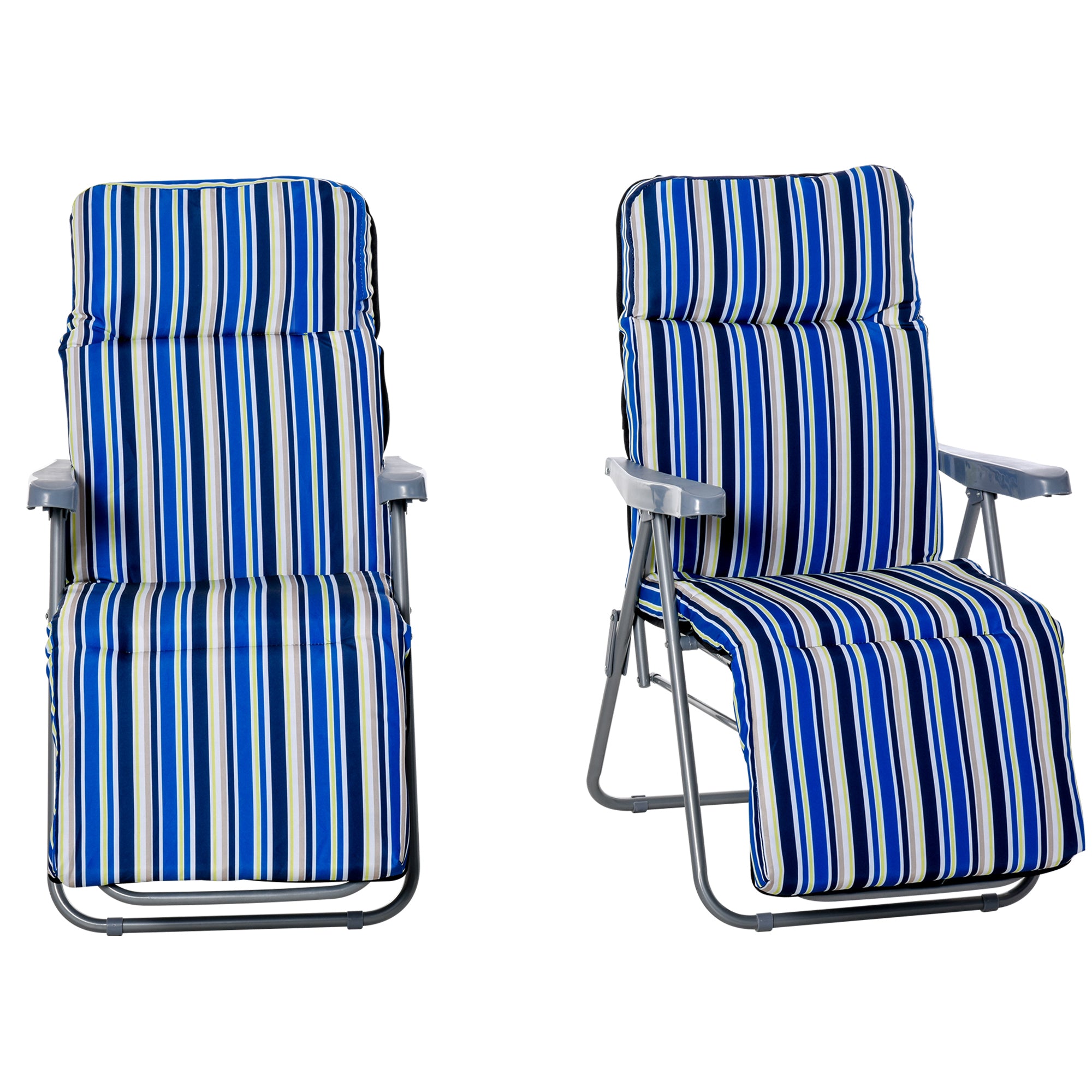 Outsunny Set of 2 Garden Sun Lounger Outdoor Reclining Seat Cushioned Seat Foldable Adjustable Recliner Blue and White - Inspirely