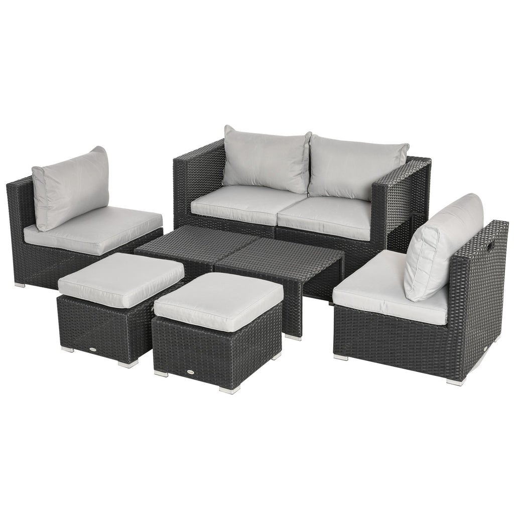 Outsunny 6-Seater Garden Rattan Wicker Sofa Set w/ Coffee Table, Wicker Weave Chair, Space-saving Footstool, Padded Cushions, Black - Inspirely