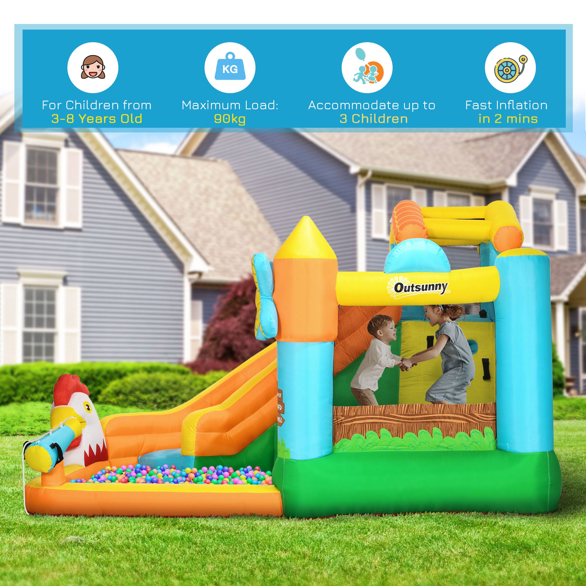 Outsunny 5 in 1 Kids Bounce Castle Farm Style Inflatable House with Slide Trampoline Pool Water Cannon Climbing Wall Inflator Carry bag for Ages 3-8