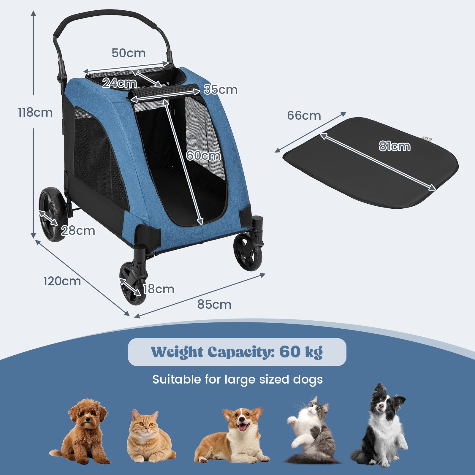 Extra Large Dog Stroller Foldable Pet Stroller with Dual Entry-Blue
