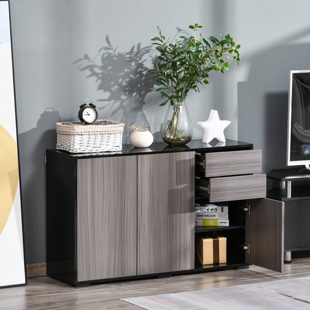 HOMCOM High Gloss Sideboard, Side Cabinet, Push-Open Design with 2 Drawer for Living Room, Bedroom, Light Grey and Black - Inspirely