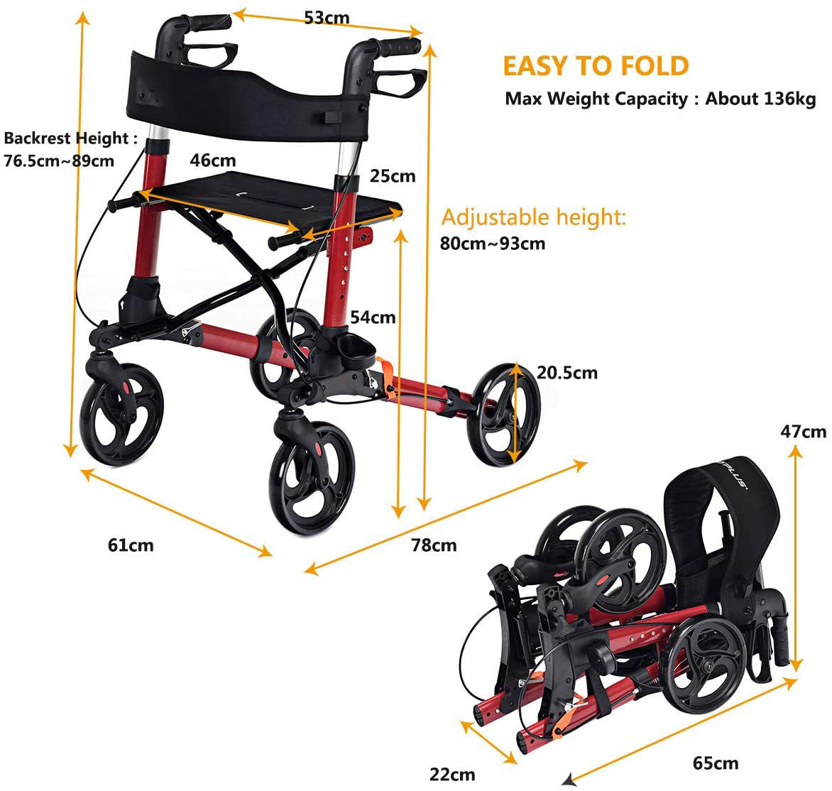 Lightweight Aluminium Folding Walking Mobility Aid With 4 Wheels-Red