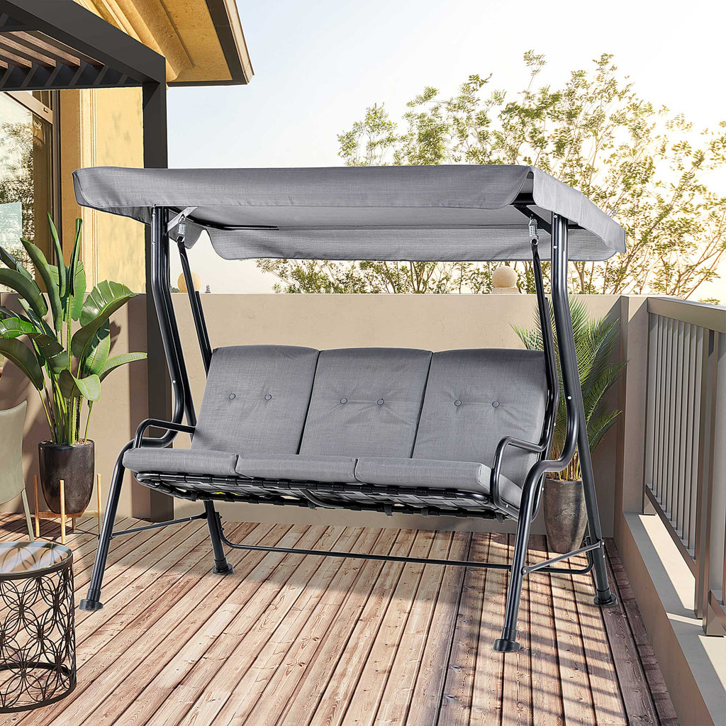 Outsunny 3 Seater Outdoor Garden Swing Chairs Thick Padded Seat Hammock Canopy Porch Patio Bench Bed - Grey - Inspirely