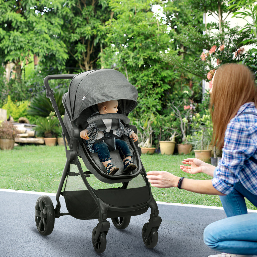 HOMCOM 2 in 1 Lightweight Pushchair w/ Reversible Seat Foldable Travel Baby Stroller w/ Fully Reclining From Birth to 3 Years 5-point Harness Grey