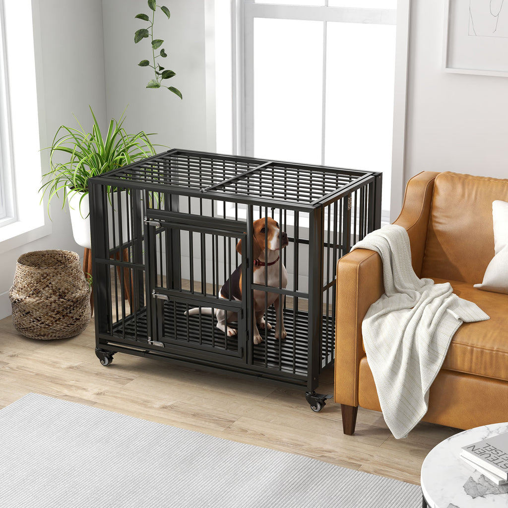 PawHut 43" Heavy Duty Dog Crate, Foldable Dog Cage, with Openable Top, Locks, Removable Tray, Wheels - Black