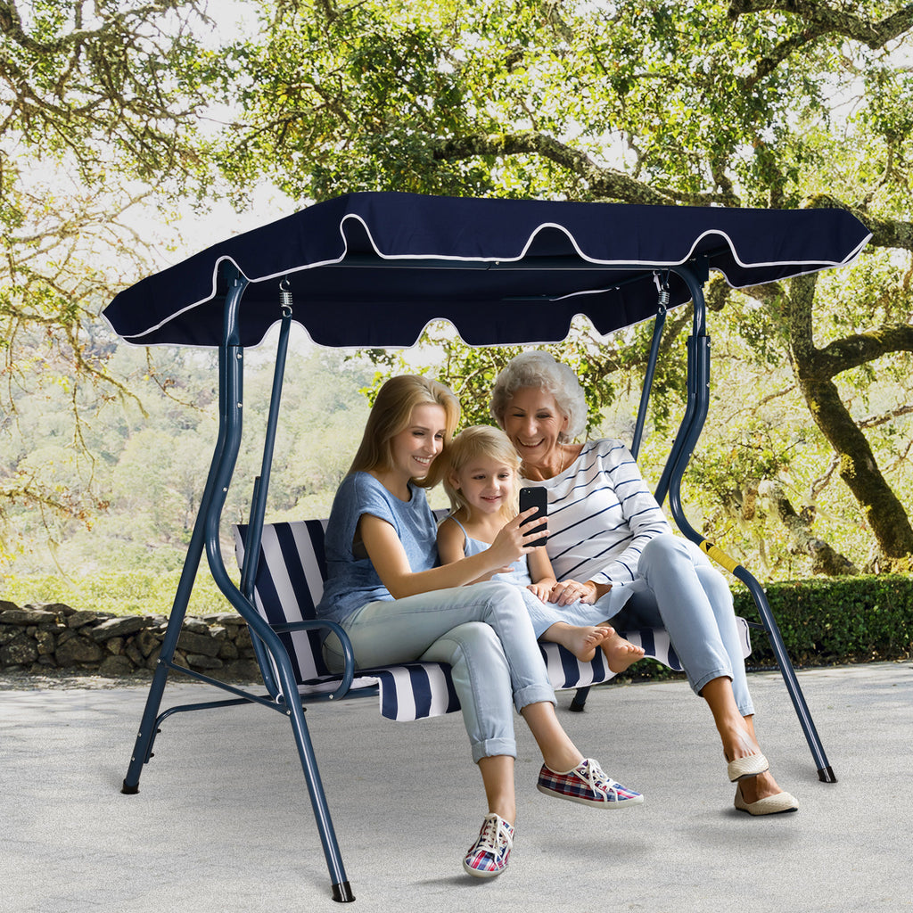 Outsunny 3 Seater Canopy Swing Chair Outdoor Garden Bench with Sun Cover Metal Frame - Blue Stripes