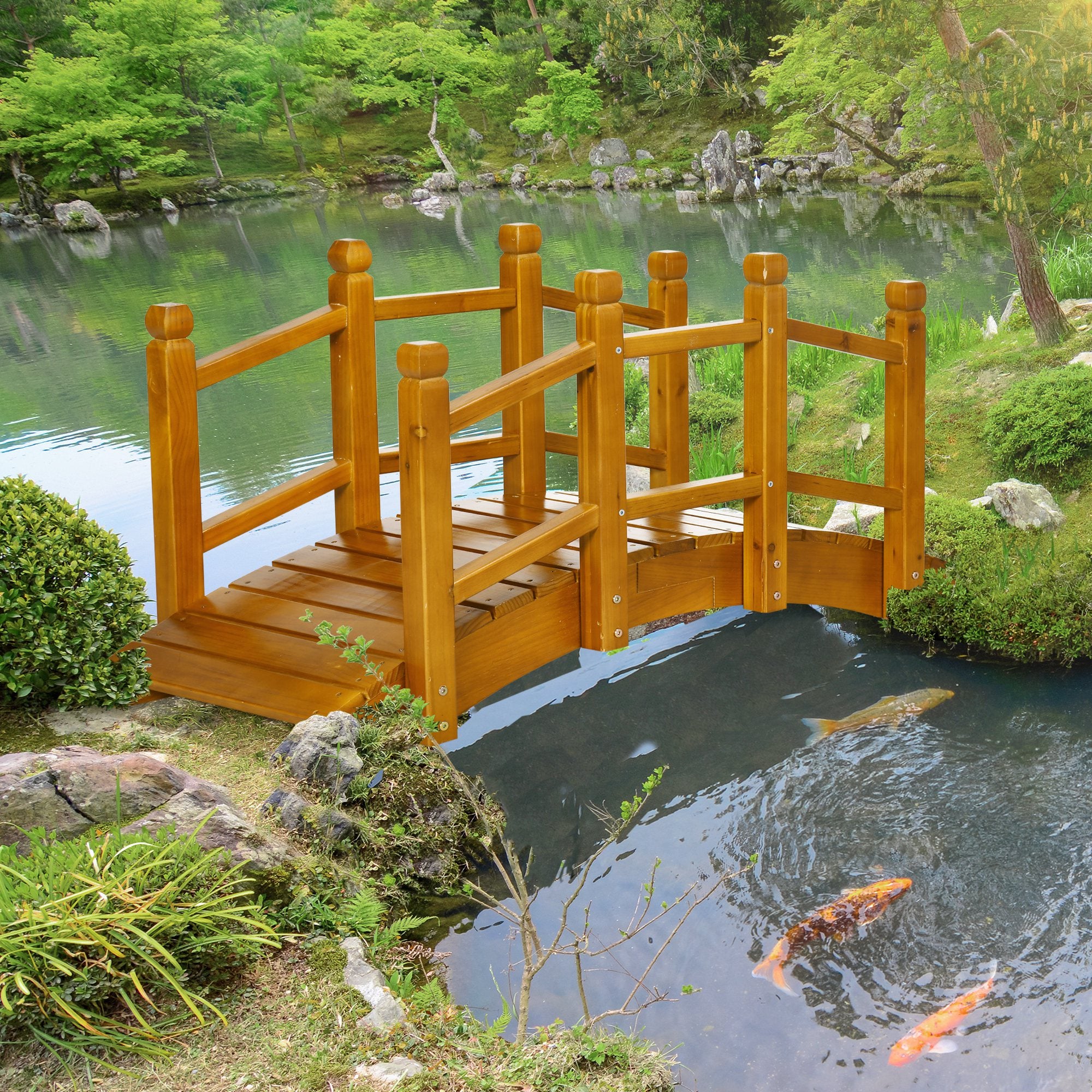 Outsunny Wooden Garden Bridge with Safety Railings, Arc Footbridge for Pond Backyard Stream, Brown
