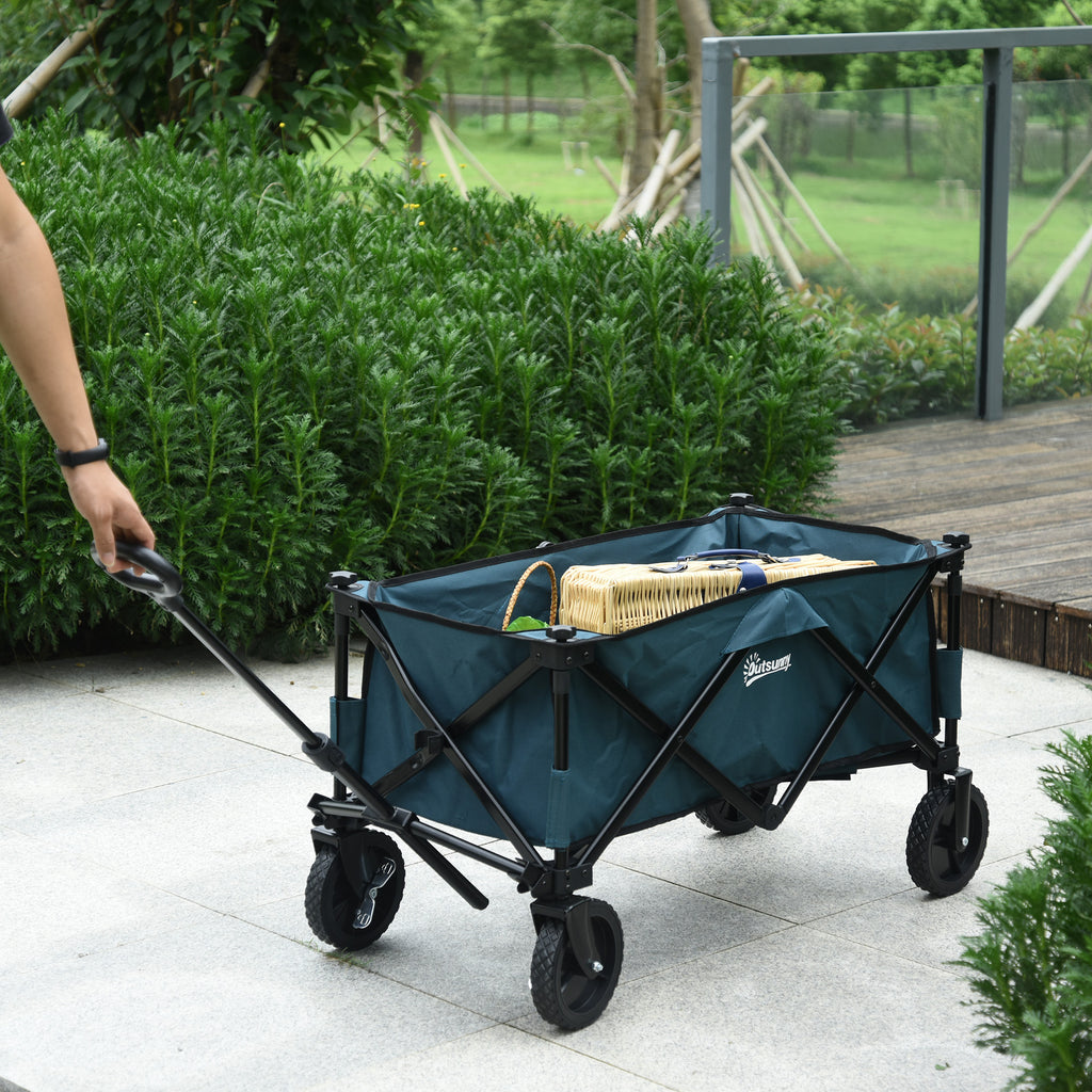 Outsunny Pull Along Cart Folding Cargo Wagon Trailer Trolley for Beach Garden Use with Telescopic Handle - Green - Inspirely