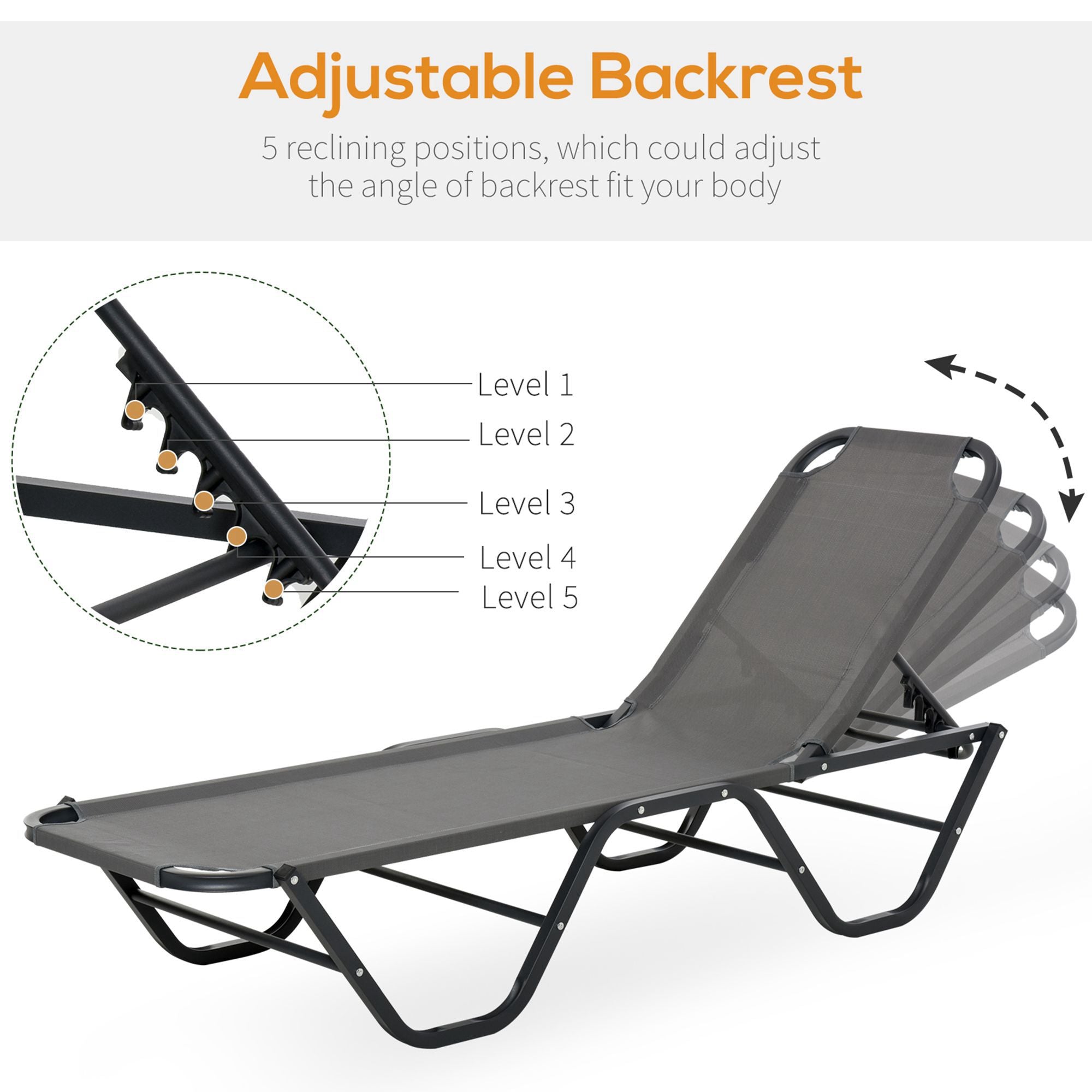 Outsunny Sun Lounger Relaxer Recliner with 5-Position Adjustable Backrest Lightweight Frame for Pool or Sun Bathing Grey - Inspirely