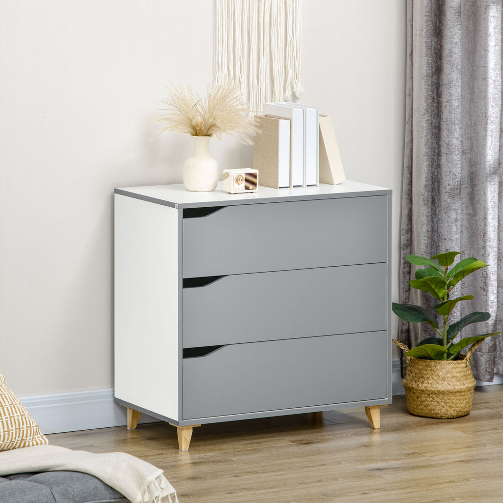 HOMCOM Drawer Chest, 3-Drawer Storage Cabinet Unit with Pine Wood Legs for Bedroom, Living Room, 75cmx42cmx75cm, Grey